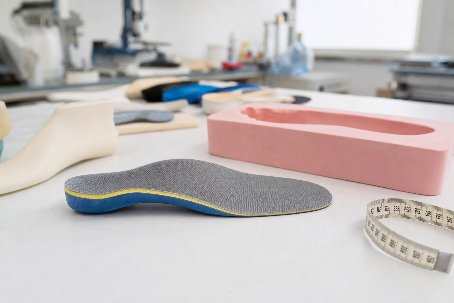 Plantare con superficie grigia e base blu su banco da laboratorio, accanto a calco rosa, forma per scarpa e metro da sarta