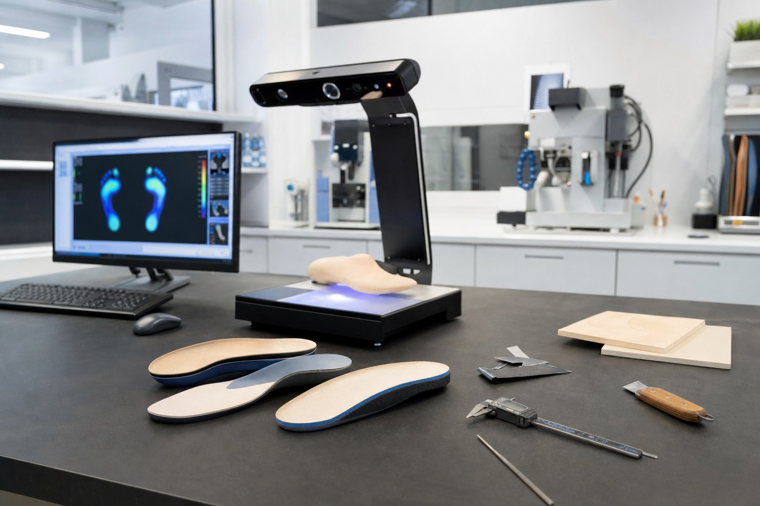 Scanner su pedana luminosa, sagoma di piede, monitor con mappa delle pressioni, tre plantari blu e beige sul banco