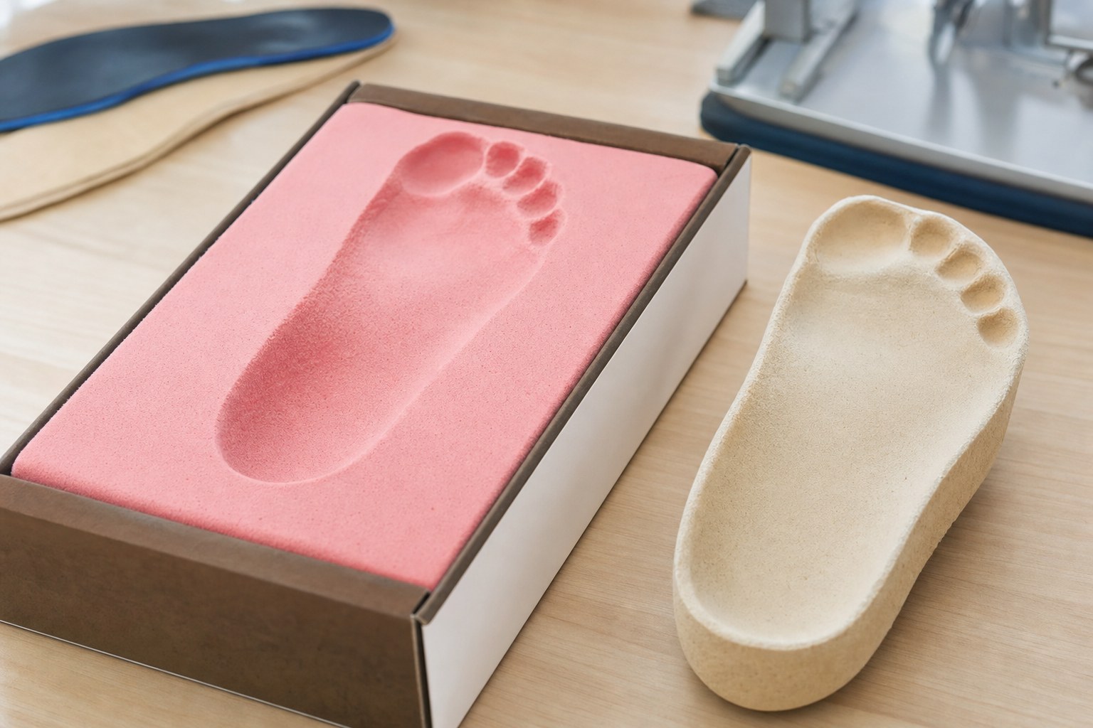 Calco del piede in schiuma rosa dentro una scatola, accanto a un modello in gesso beige e a un plantare blu su un tavolo di legno