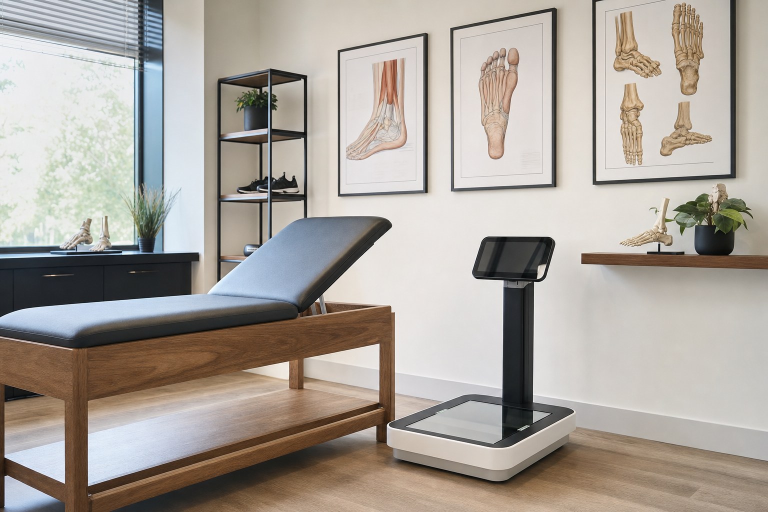Studio con lettino in legno e similpelle scura, pedana elettronica con schermo e tavole anatomiche del piede alle pareti